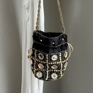 Unique Handcrafted Black Satin Gold Bead Mirrored Drawstring Bucket Bag Festival
